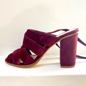 L.K. BENNETT London "Seline" suede tie sandals, deep berry color. NWOT